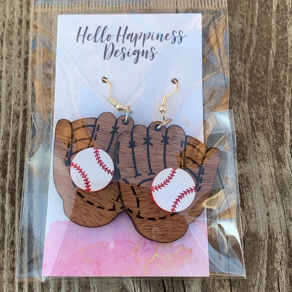 NWT Hello Happiness Designs baseball glove & ball dangle earrings